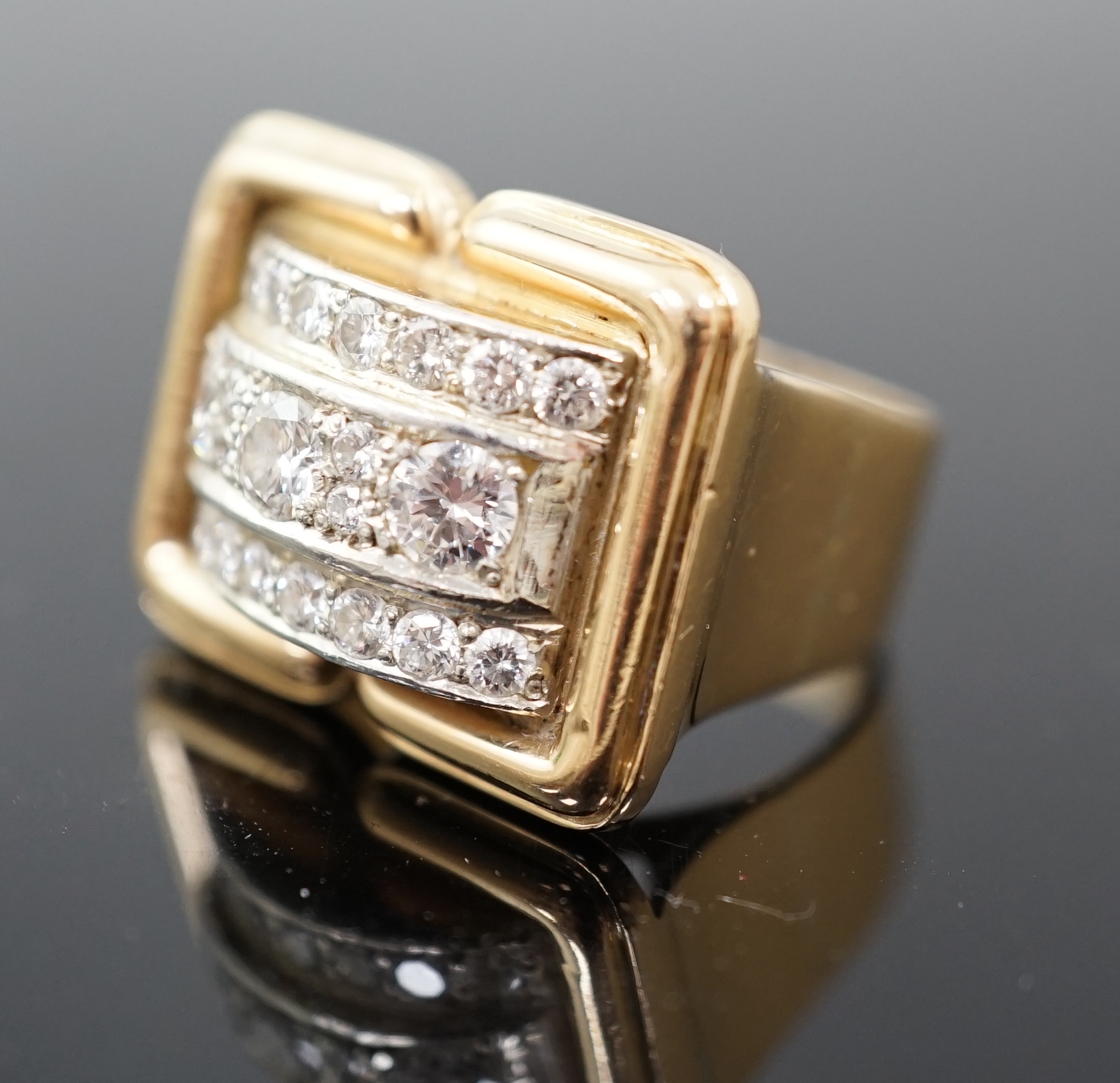 A mid 20th century gold and diamond cluster set rectangular dress ring